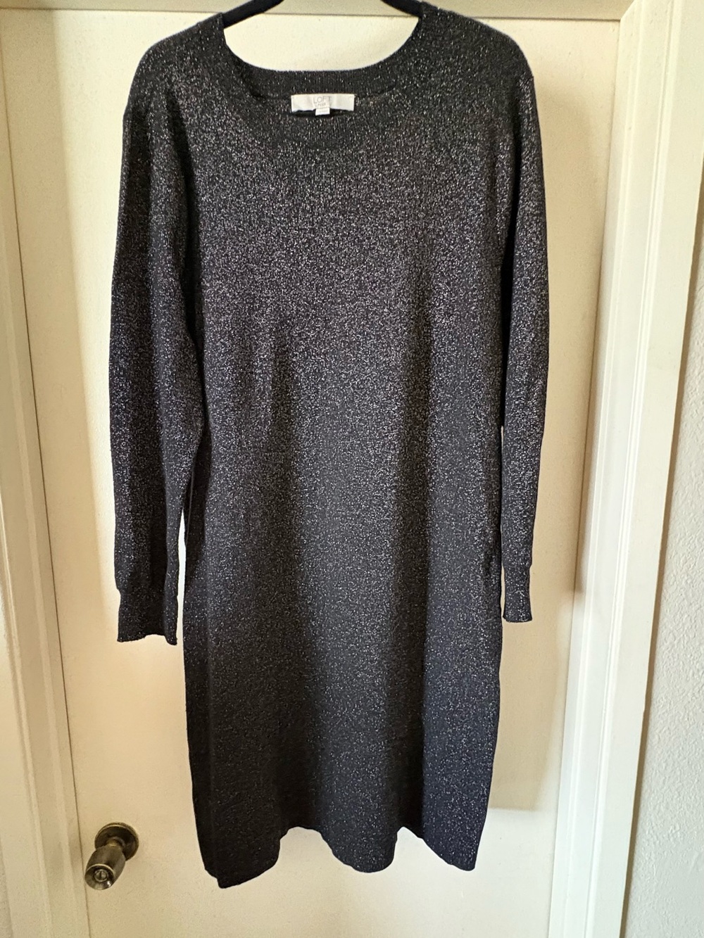 LOFT Plus Black Silver Metallic Shimmer Long Sleeve Sweater Dress 14
